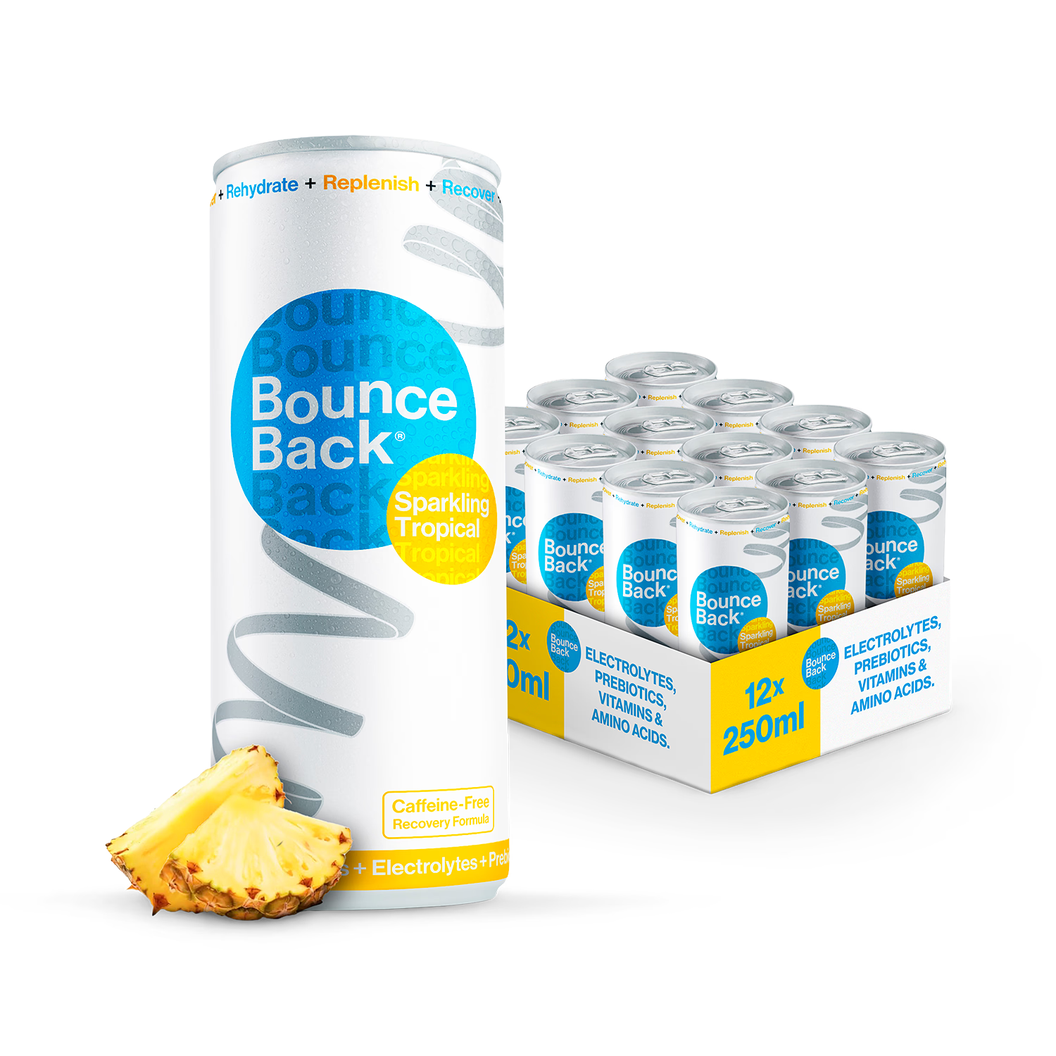 Bounce Back tropical recovery drink case of 12 250ml cans, imported from the UK