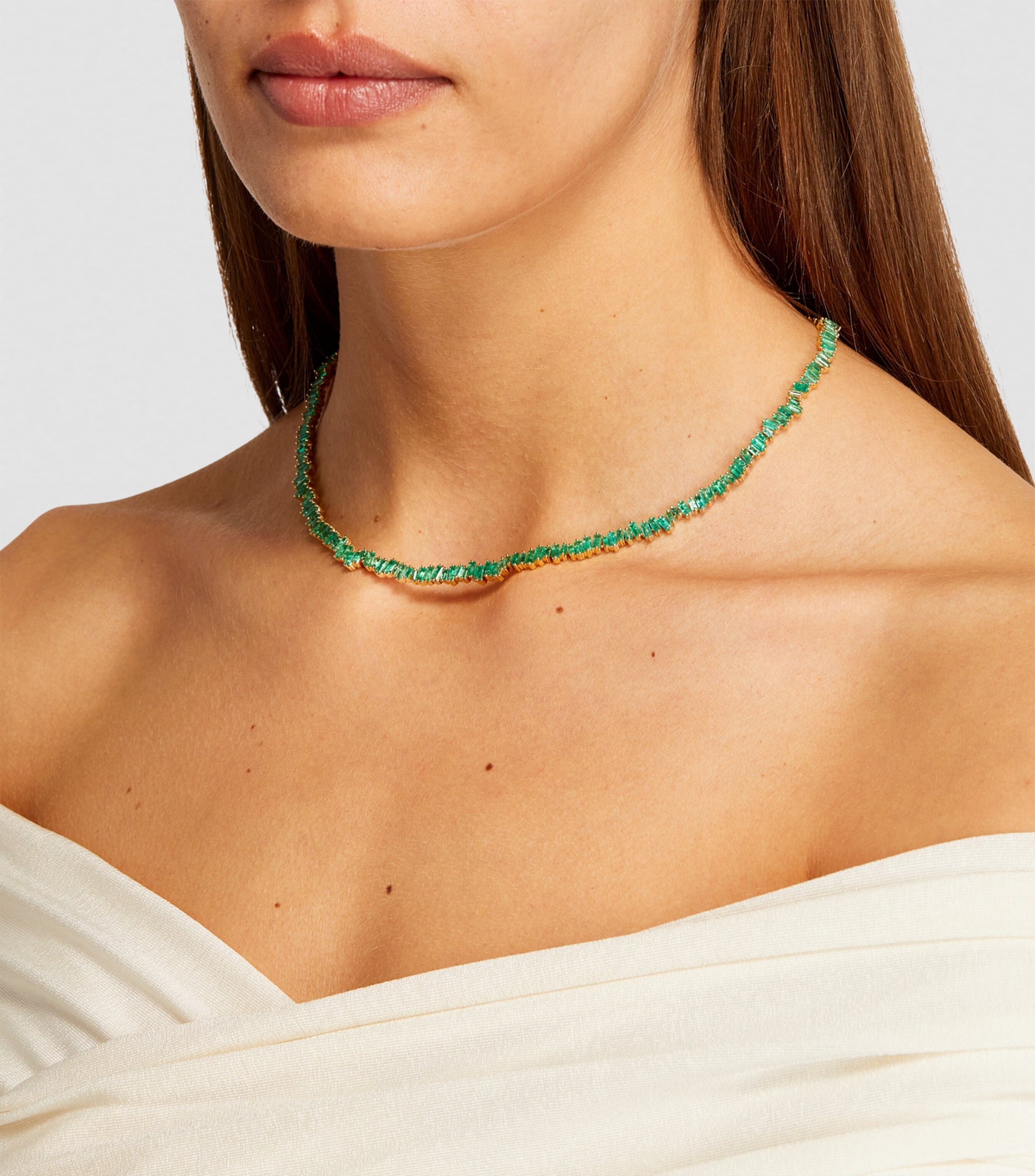Suzanne Kalan yellow gold emerald tennis necklace, UK version