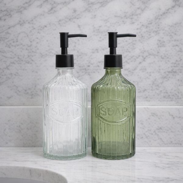 Candlelight glass soap dispenser black pump, clear or olive green - British brand