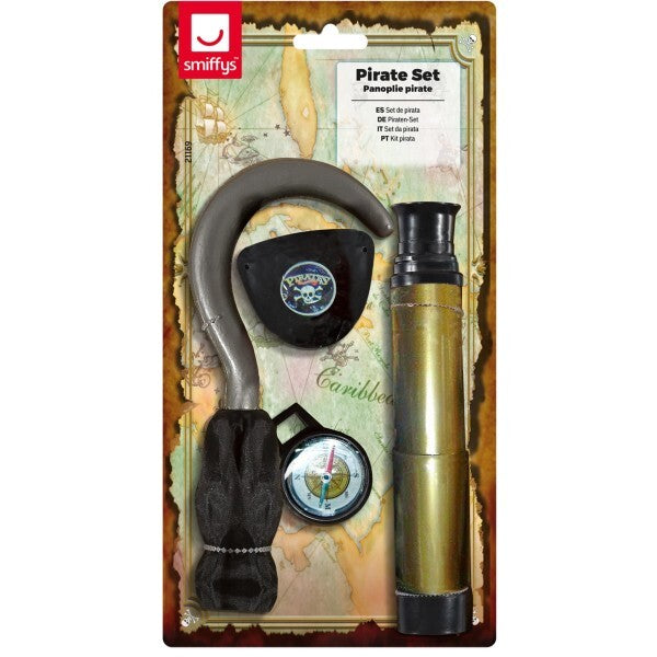 Smiffys pirate set with hook, telescope, compass, eyepatch, imported from the UK
