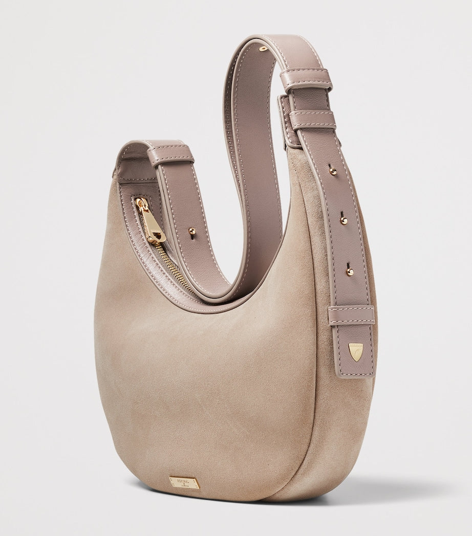 Aspinal of London small Soho Crescent suede shoulder bag, UK version