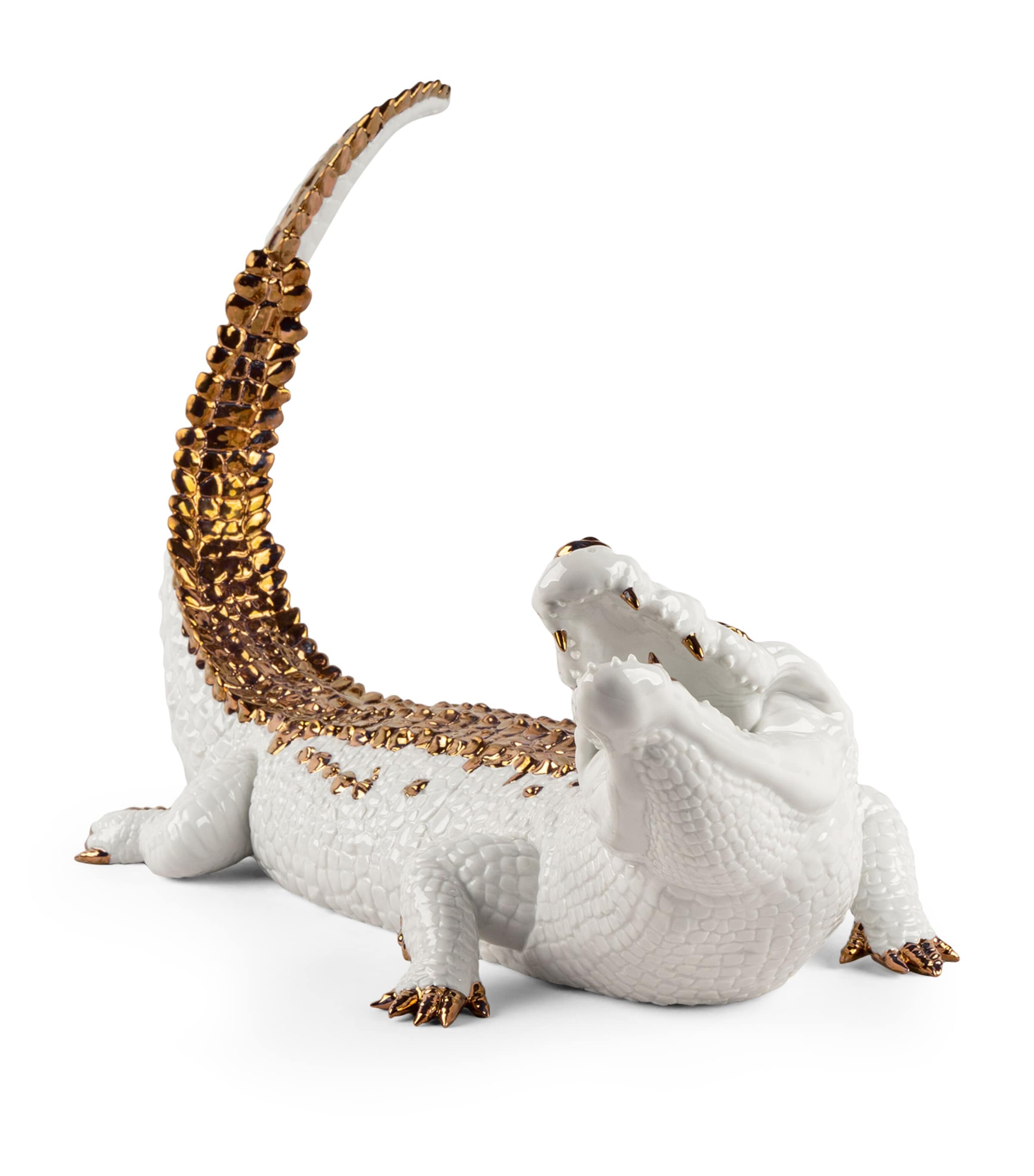 Lladró crocodile figurine white porcelain gold lustre, UK version