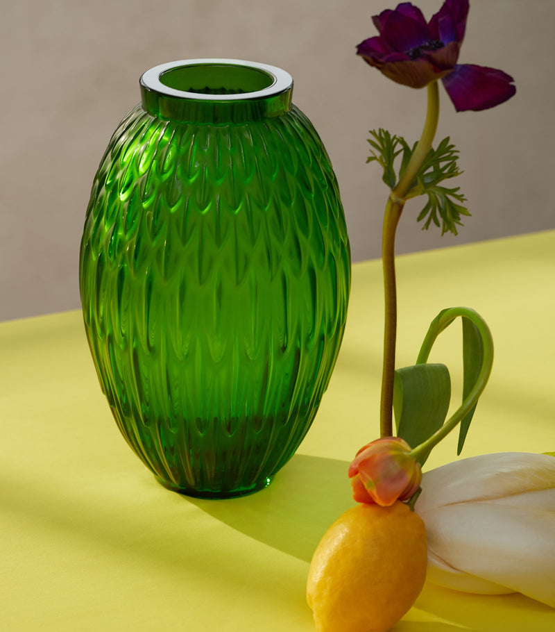 Lalique crystal vase with feather pattern 26.5cm, UK version