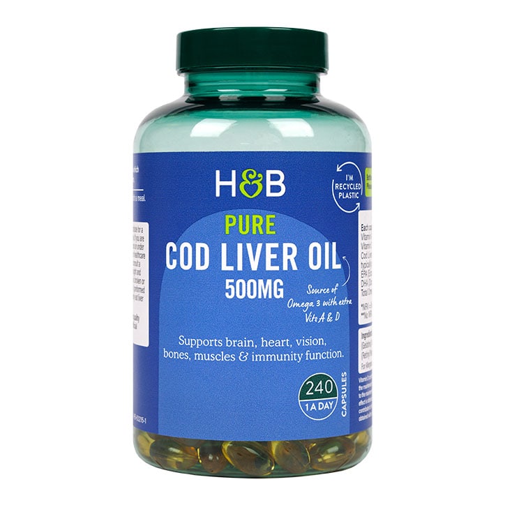 Holland & Barrett Pure Cod Liver Oil 1000mg 240 Capsules Omega 3 Supplements & Fish Oils Holland&Barrett   