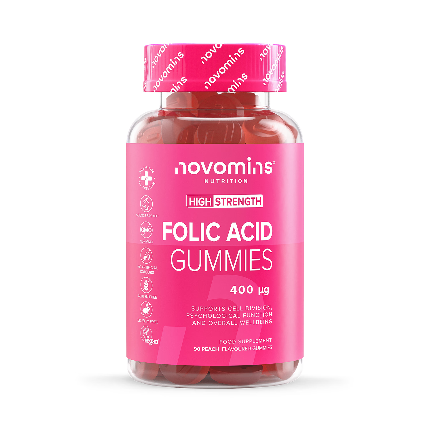 Novomins folic acid gummies peach 400µg 90 count - British product