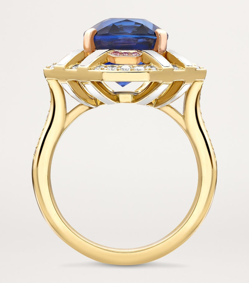 Boodles Fifth Avenue ring sapphire pink diamonds yellow gold, imported from the UK