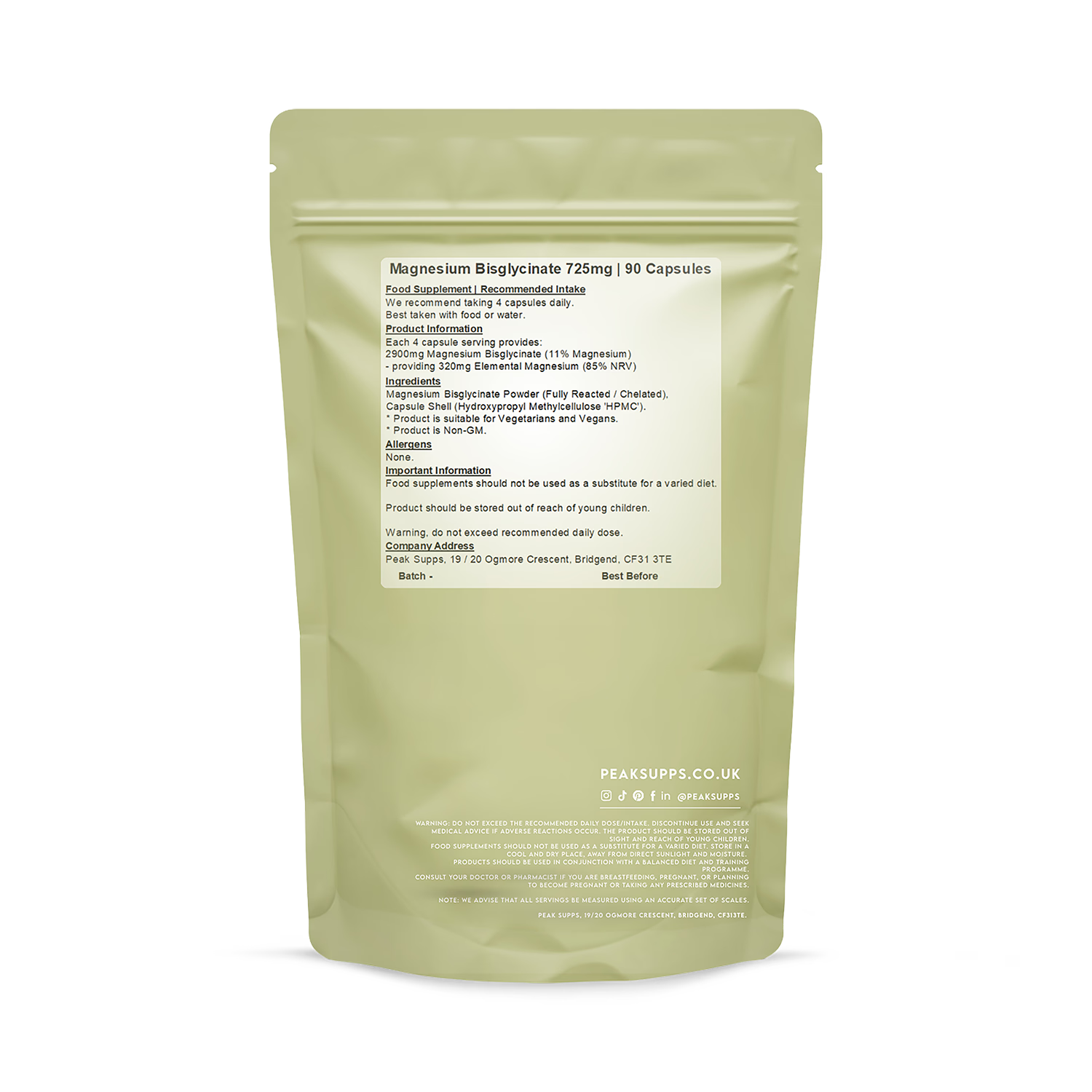 Peak Supps Magnesium Bisglycinate 725mg capsules 90 (British brand)