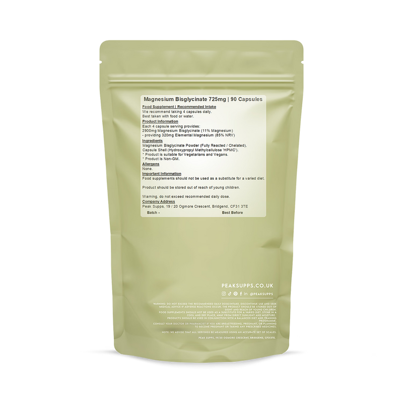 Peak Supps Magnesium Bisglycinate 725mg capsules 90 (British brand)