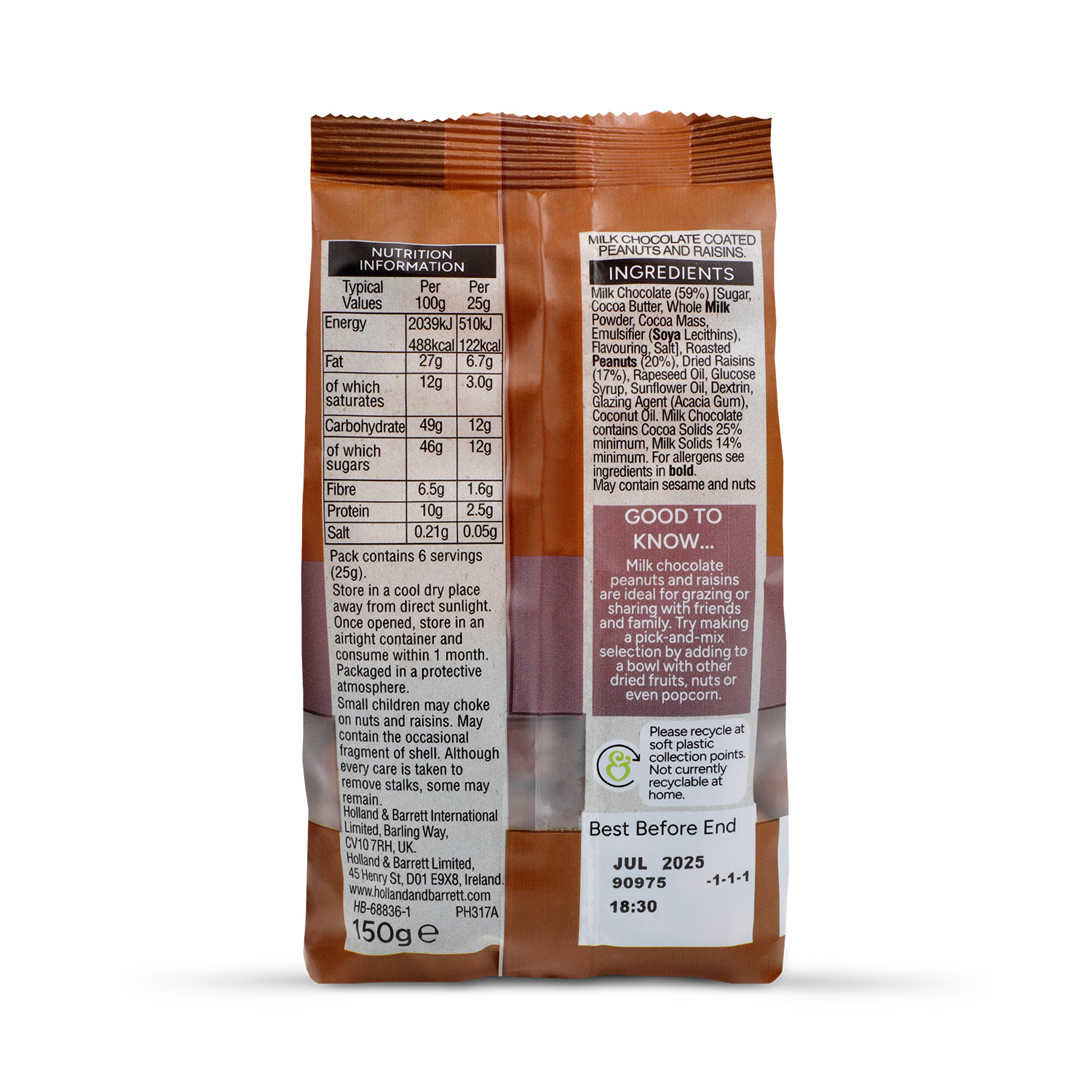 Holland Barrett Milk Chocolate Peanut and Raisins 150g, UK version