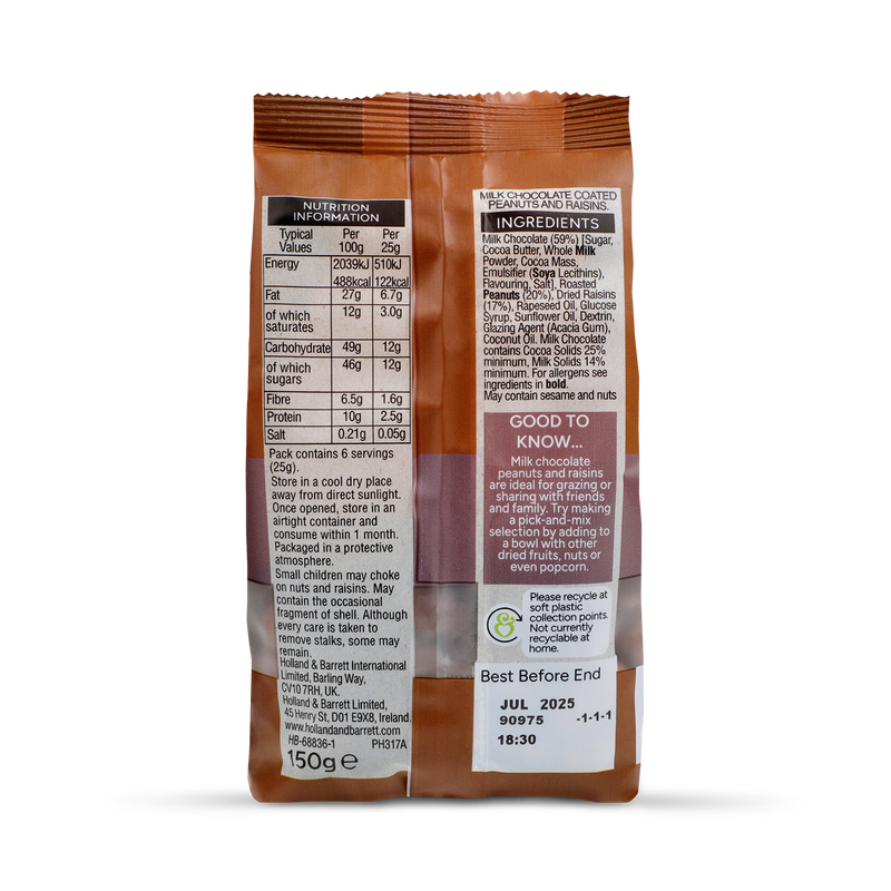 Holland Barrett Milk Chocolate Peanut and Raisins 150g, UK version