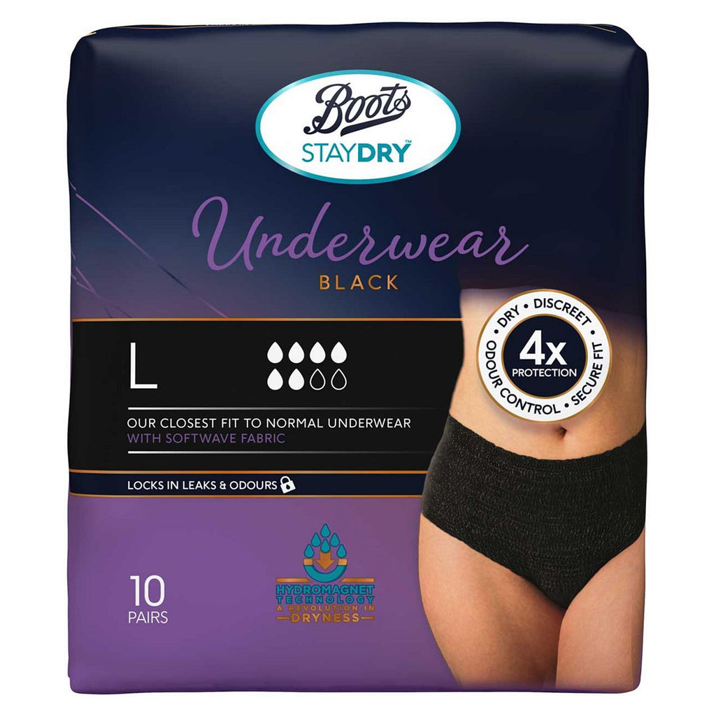 Boots Staydry Underwear Black - Large - 10 pairs