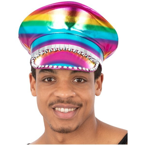 Smiffys metallic studded rainbow captains hat (British brand)