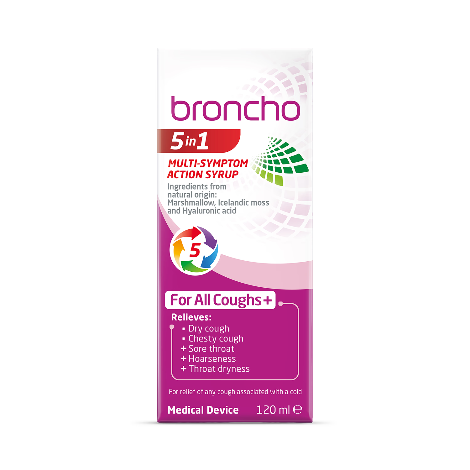 Broncho Multi Symptom Syrup 5in1 120ml, imported from the UK
