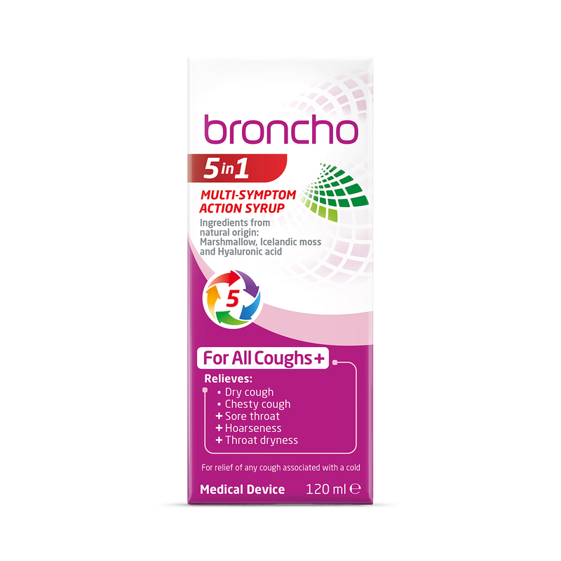 Broncho Multi Symptom Syrup 5in1 120ml, imported from the UK