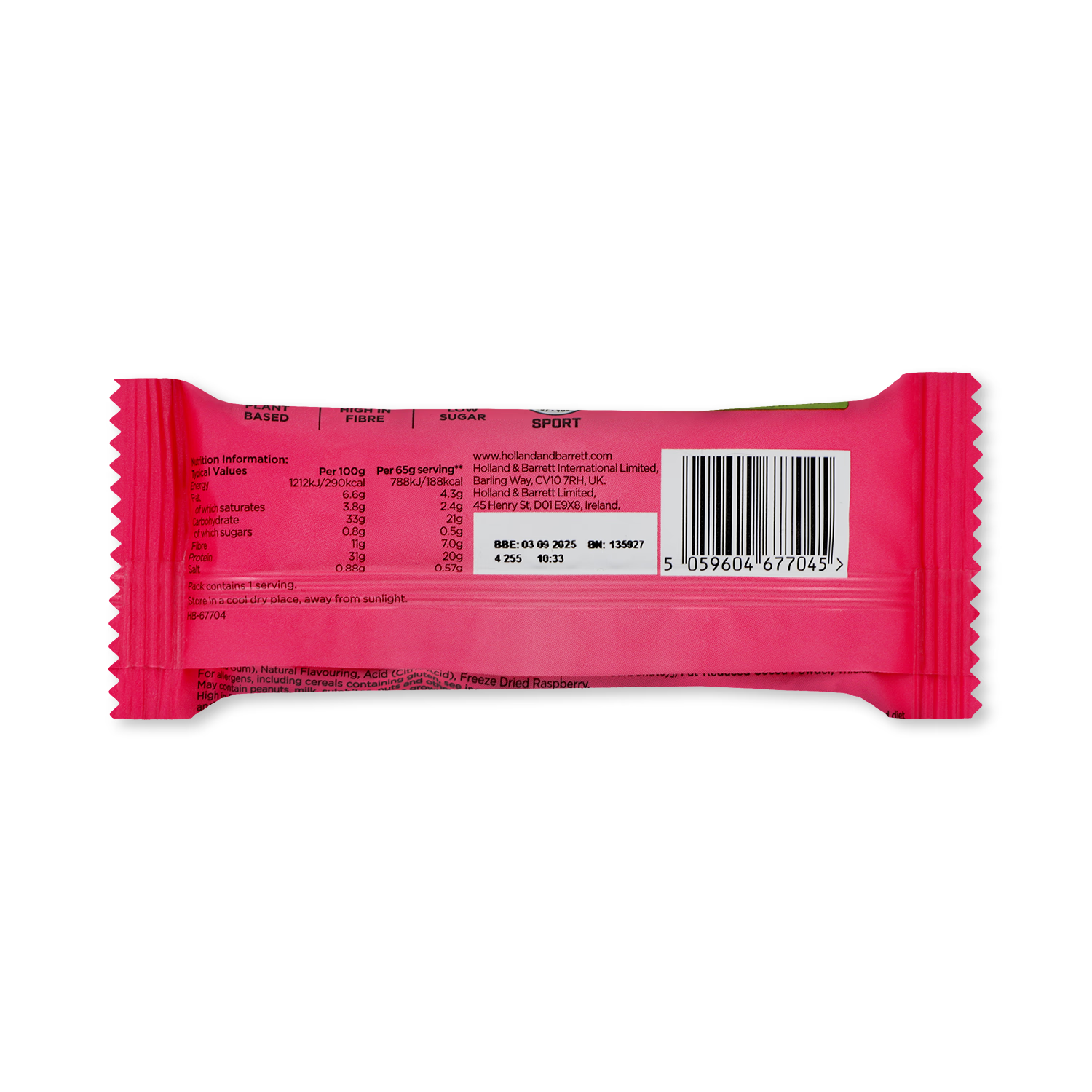 Precision Engineered dark chocolate raspberry protein bar 65g, imported from the UK