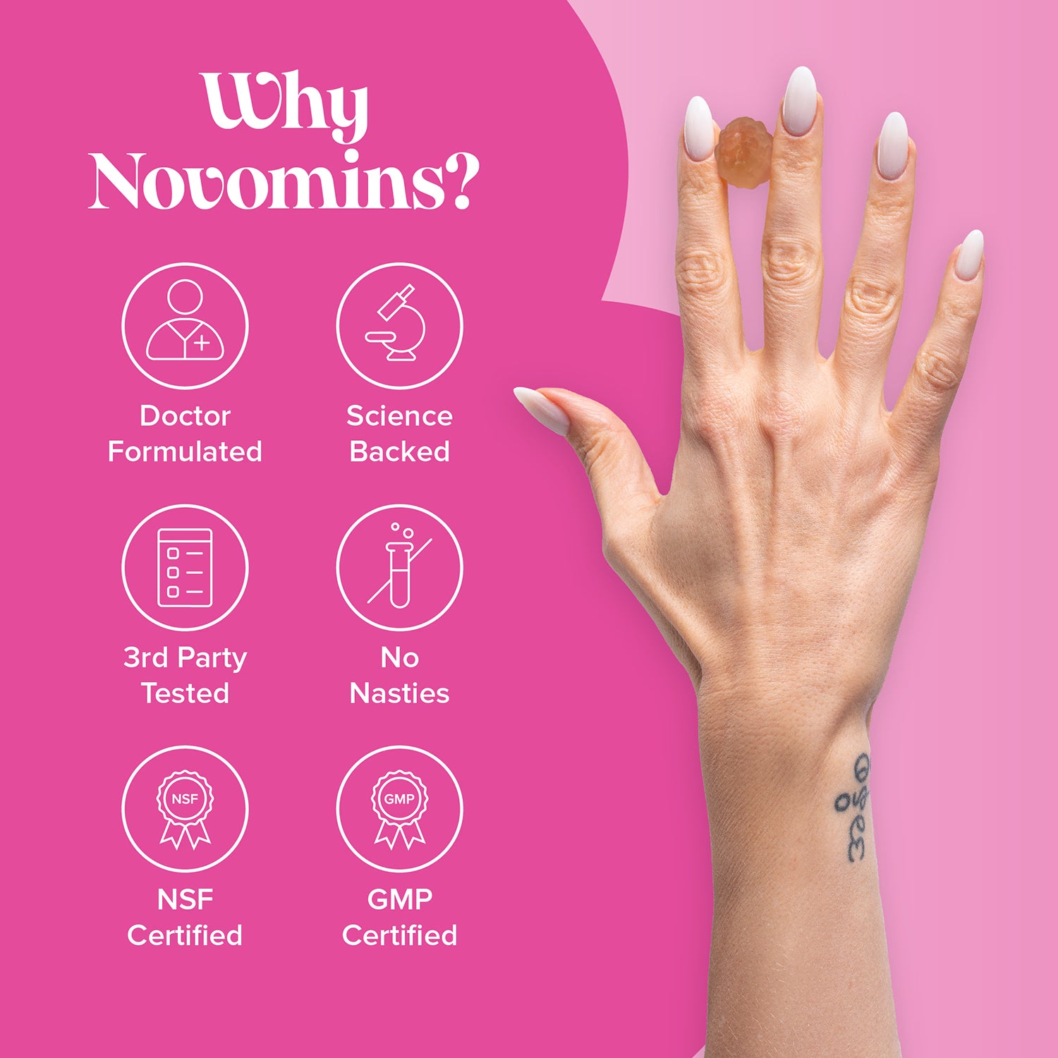Novomins Co-Q10 peach flavour gummies 60 count, UK version
