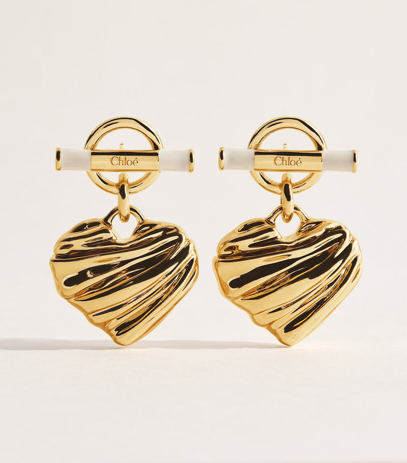 Chloé T-Bar Heart Drop Earrings in brass, UK version