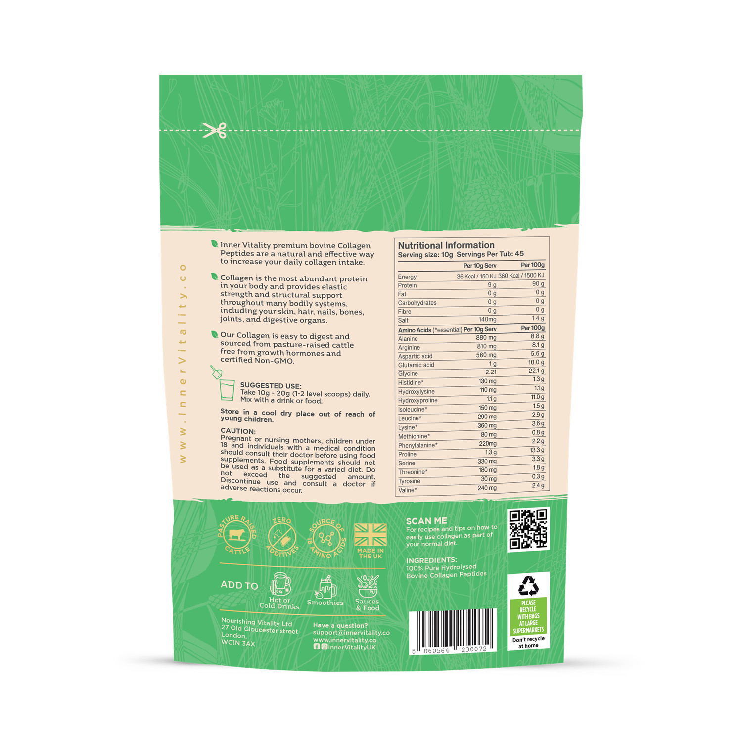 Inner Vitality hydrolysed bovine collagen peptides powder 450g, imported from the UK