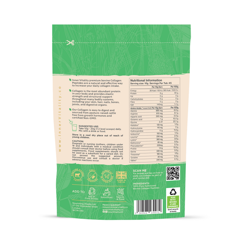 Inner Vitality hydrolysed bovine collagen peptides powder 450g, imported from the UK