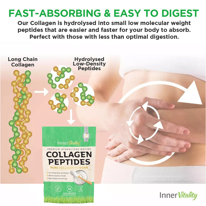 Inner Vitality hydrolysed bovine collagen peptides powder 450g, imported from the UK