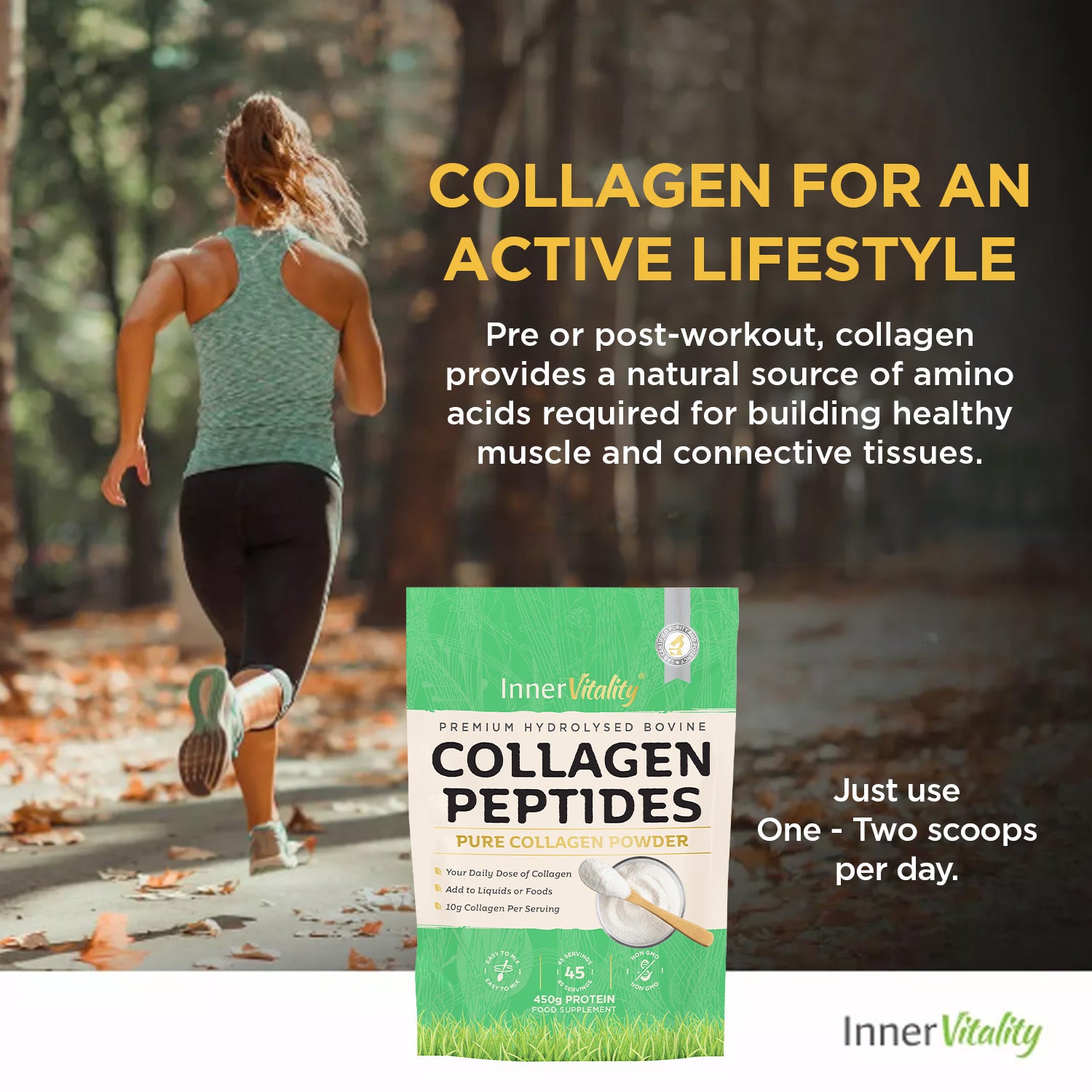 Inner Vitality hydrolysed bovine collagen peptides powder 450g, imported from the UK