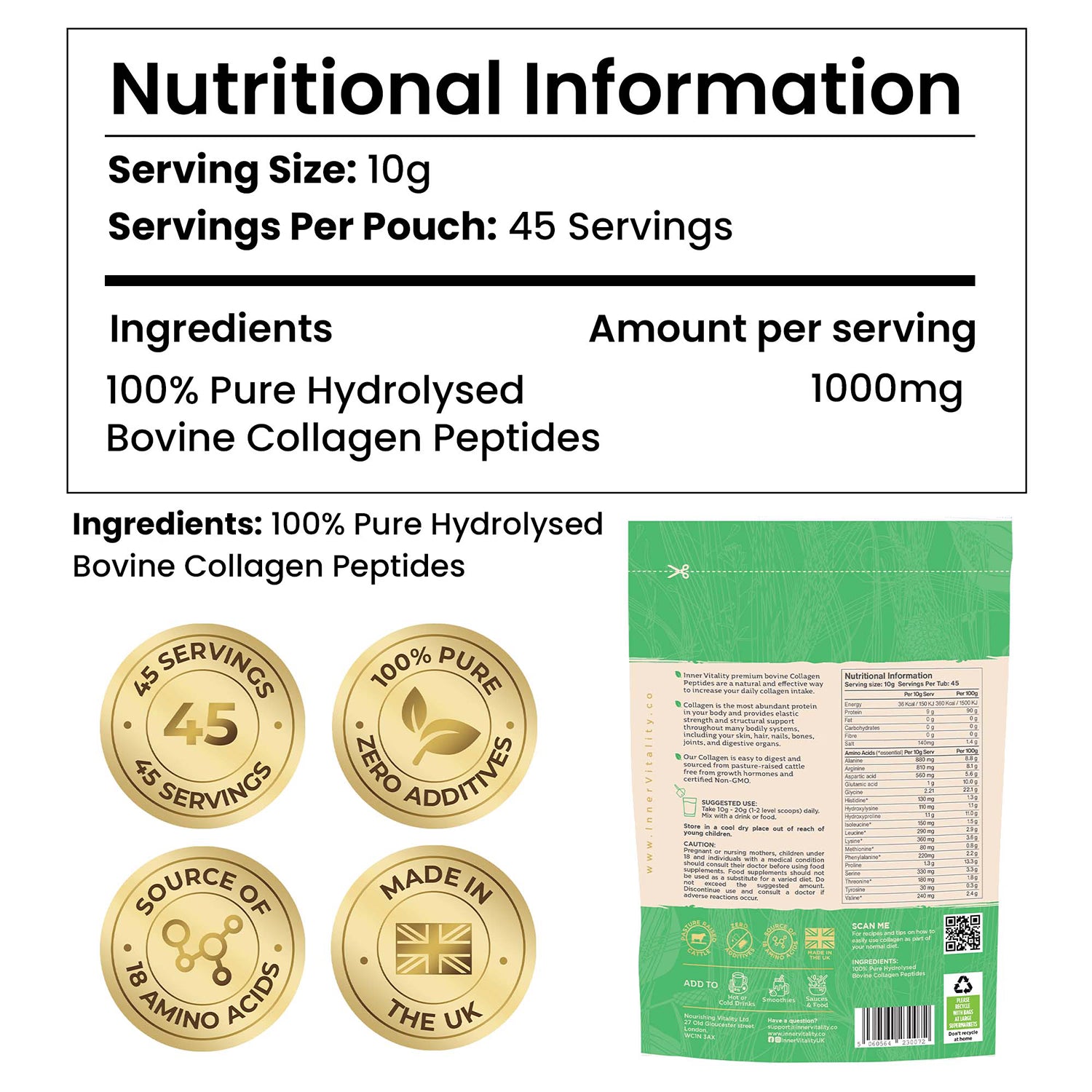 Inner Vitality hydrolysed bovine collagen peptides powder 450g, imported from the UK