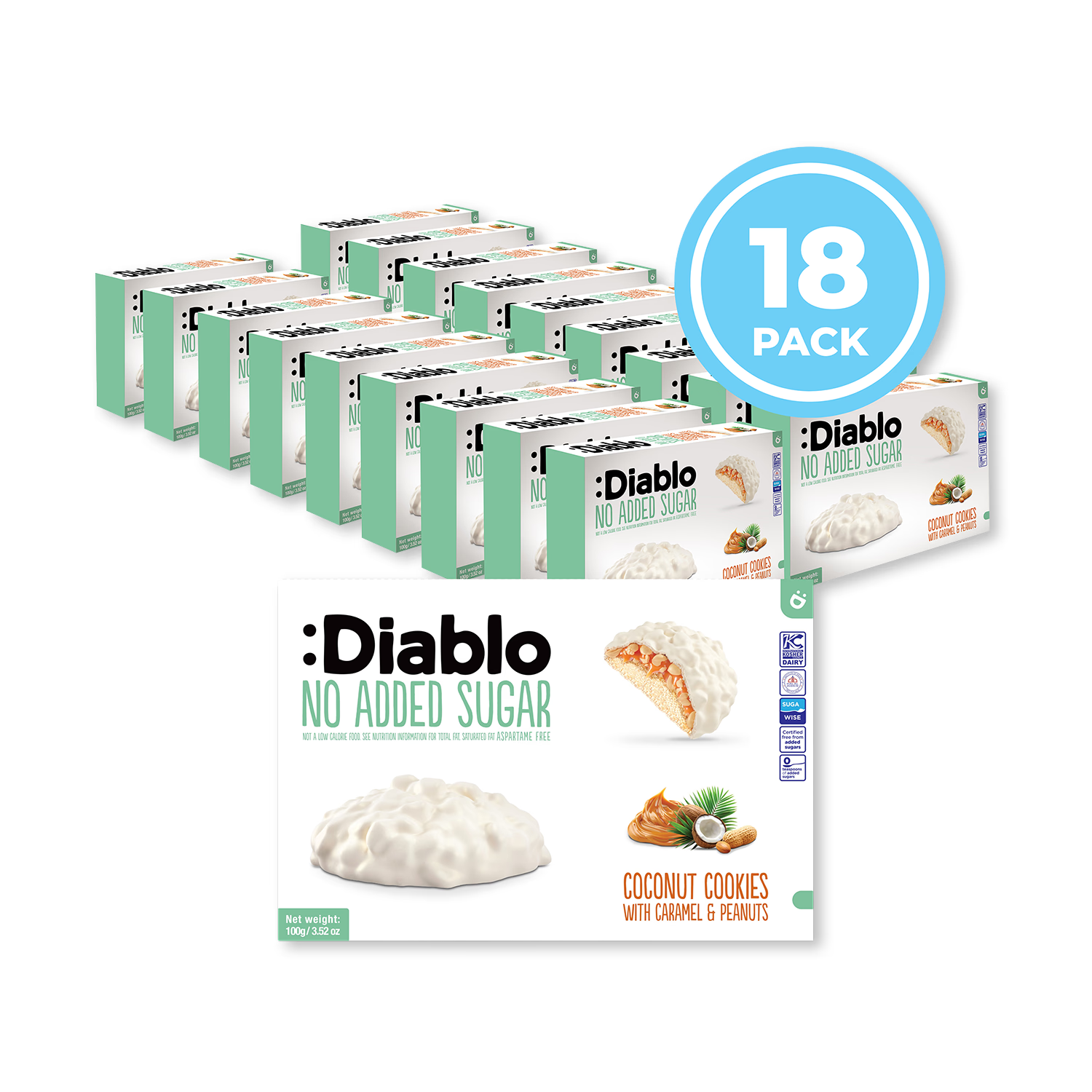 Diablo no added sugar coconut cookies with caramel and peanut (British brand)