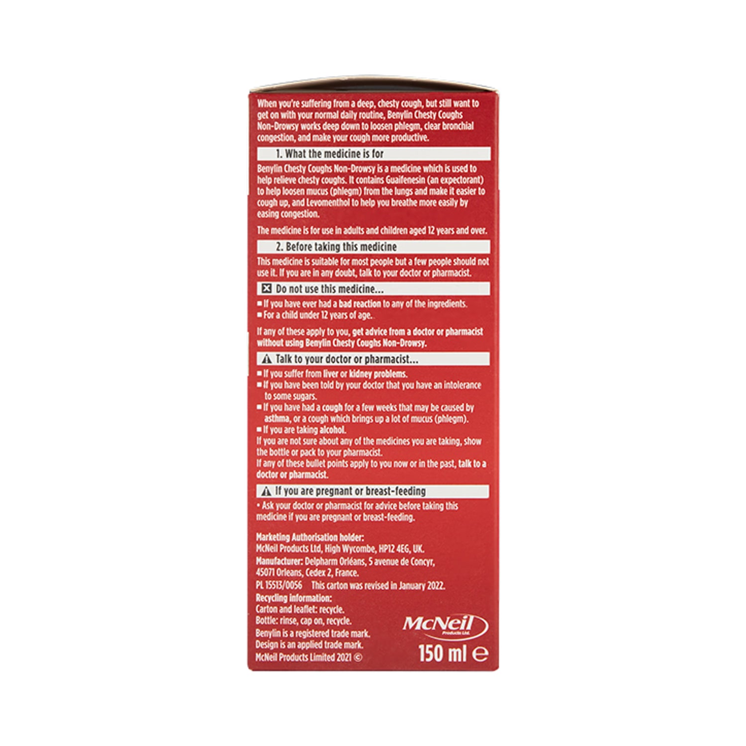 Benylin Chesty Coughs syrup non-drowsy 150ml, imported from the UK