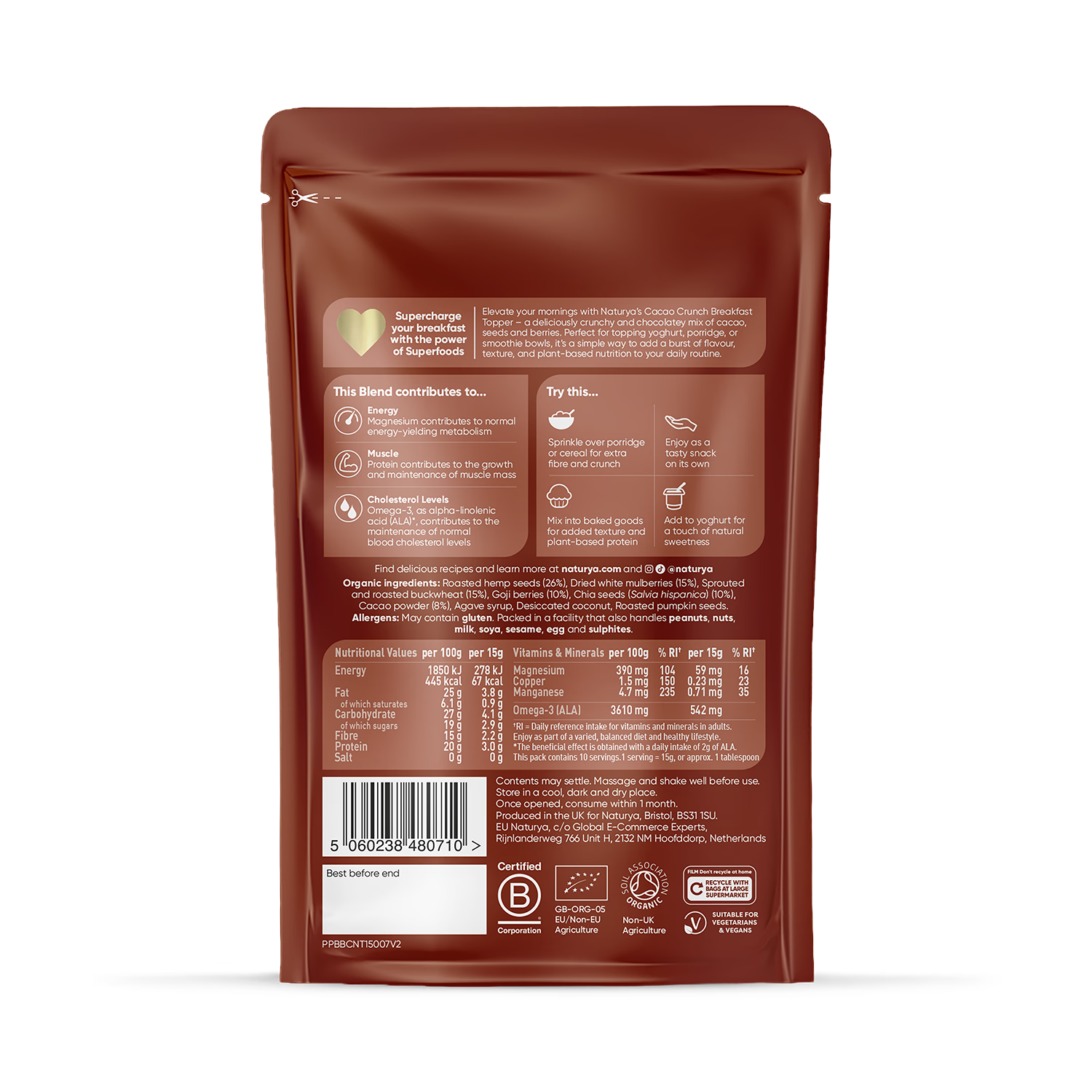 Naturya organic breakfast boost cacao crunch 150g, imported from the UK