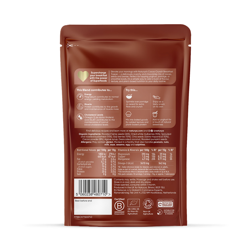 Naturya organic breakfast boost cacao crunch 150g, imported from the UK