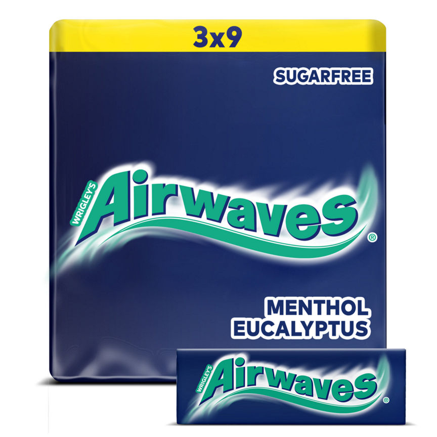 Airwaves Menthol & Eucalyptus Sugar Free Chewing Gum 3 x 9 Pieces sweets ASDA   