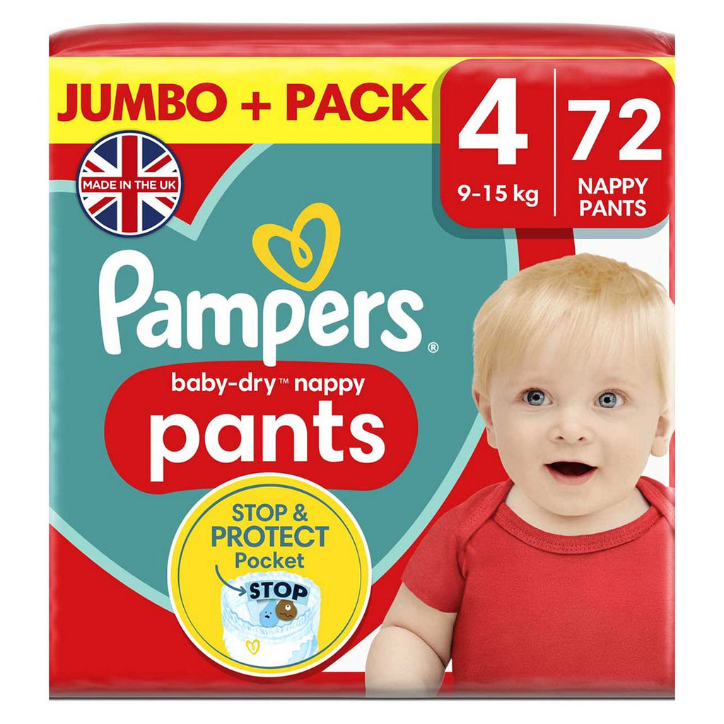 Pampers Baby-Dry Nappy Pants Size 4, 72 Nappies, 9kg - 15kg, Jumbo+ Pack