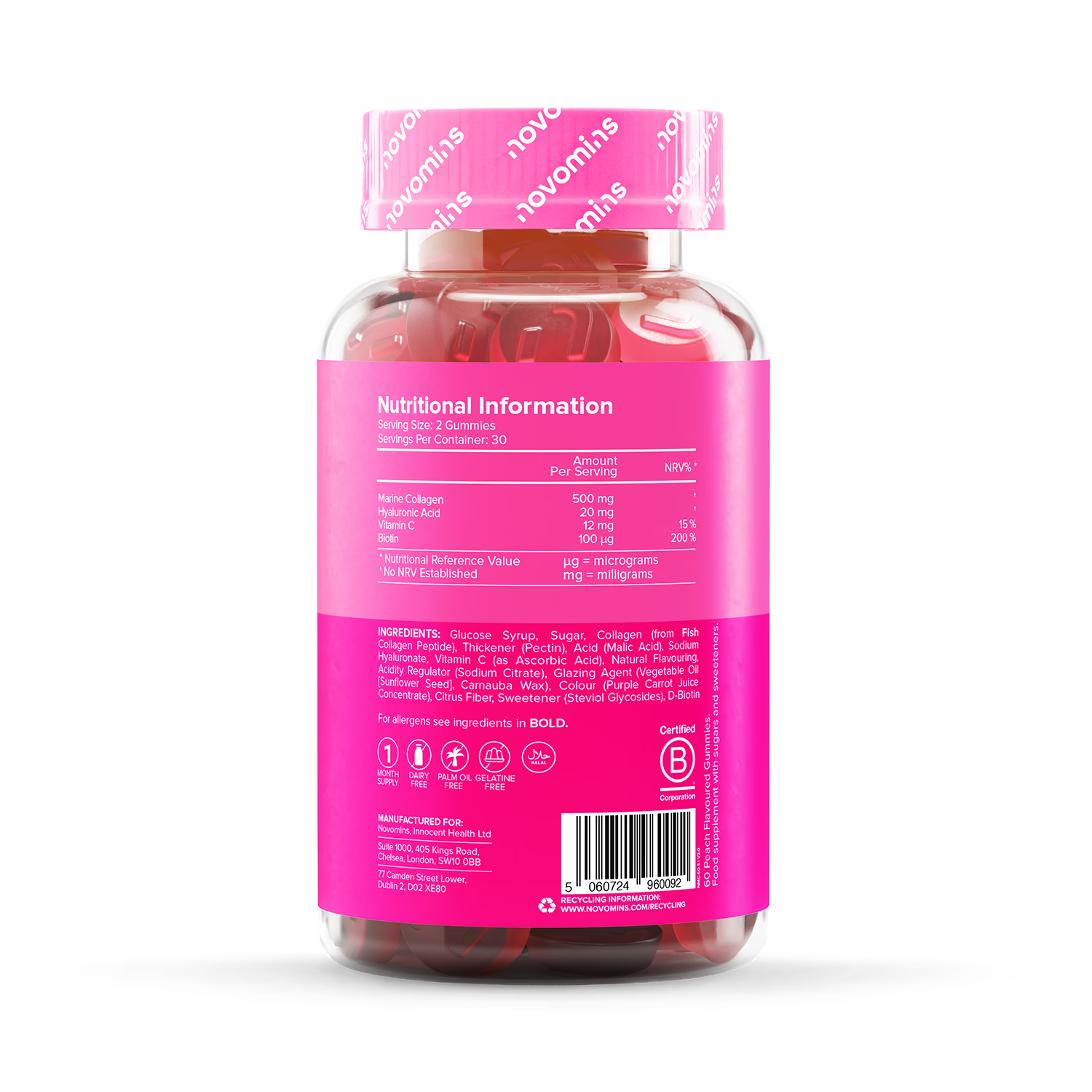 Novomins collagen peach flavoured gummies 60 count, UK version