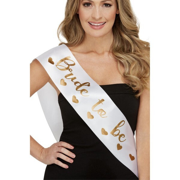 Smiffys bride to be sash white gold lettering, UK version