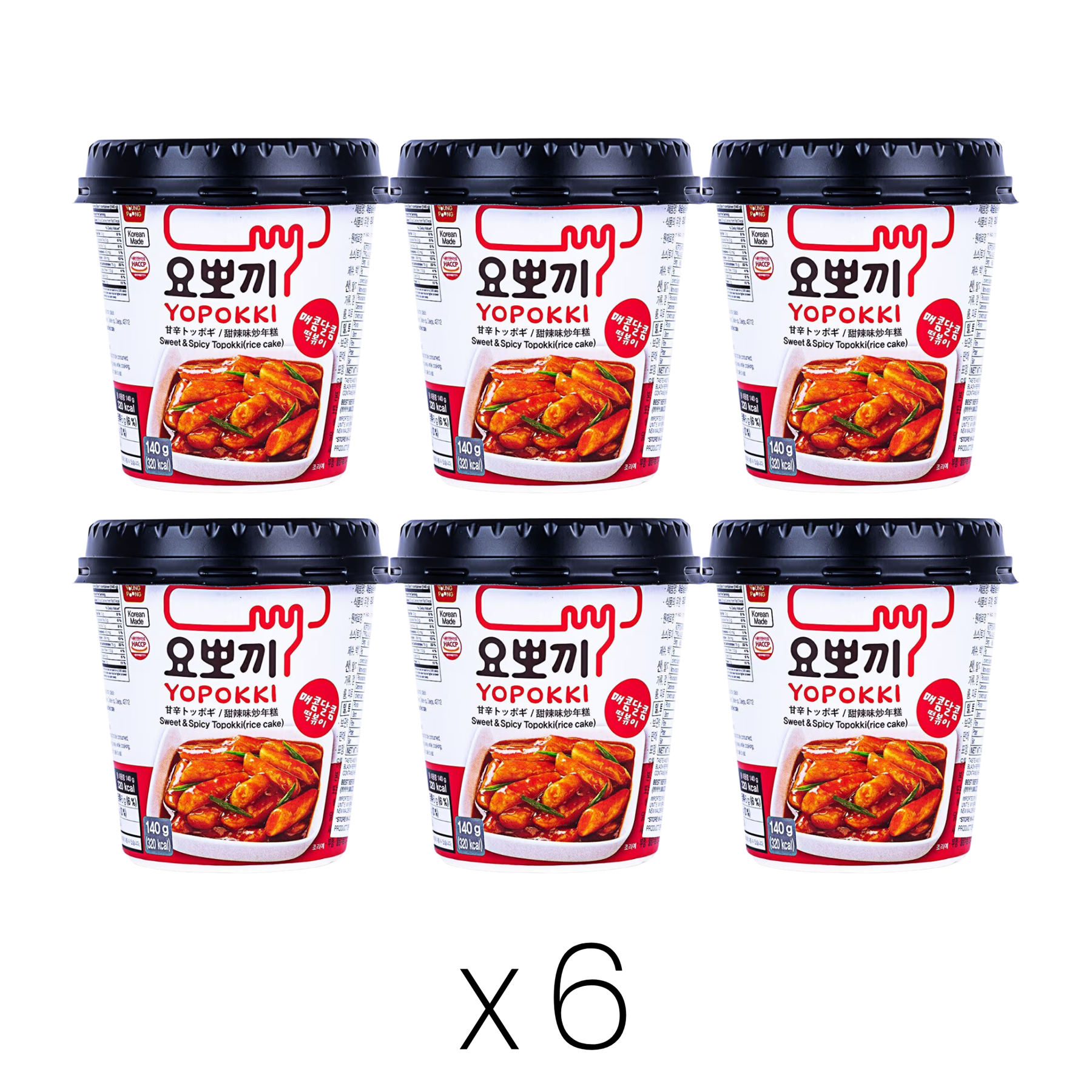 Yopokki sweet and spicy topokki rice cake cups, 6 pack (British brand)