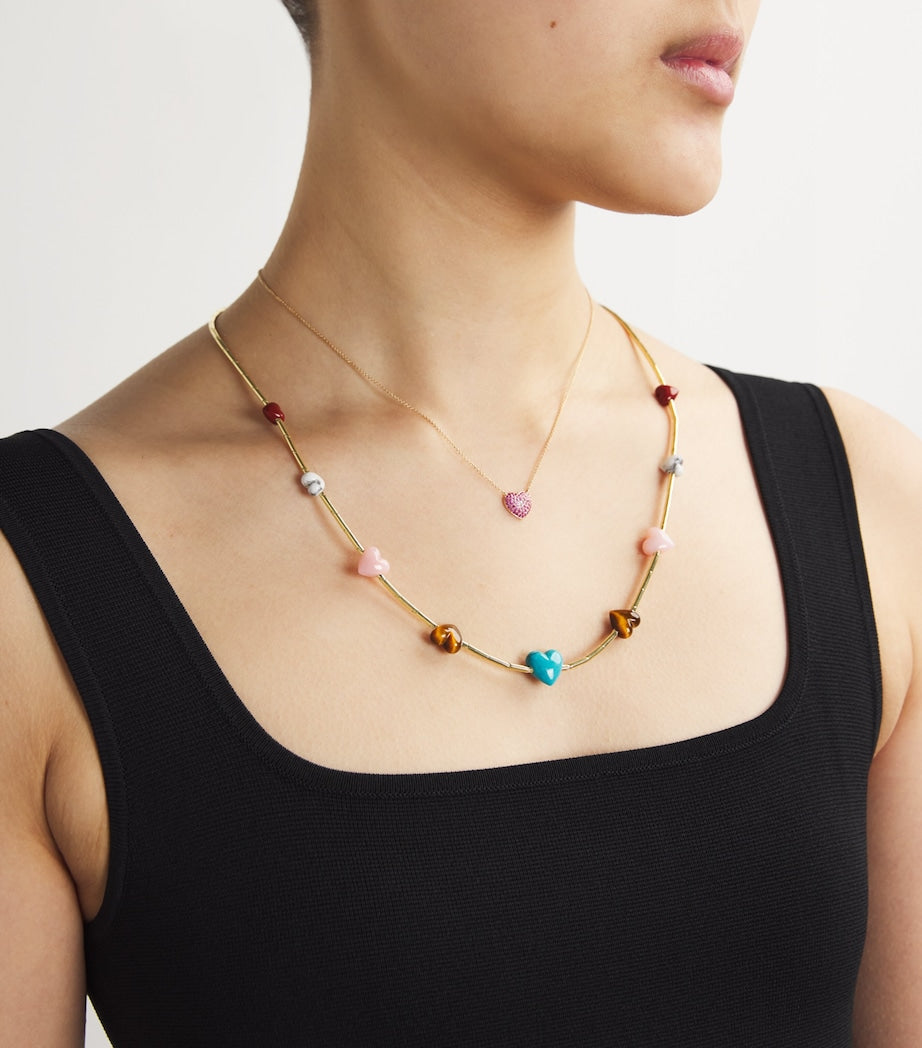 Emily P. Wheeler yellow gold necklace with gemstone hearts, imported from the UK