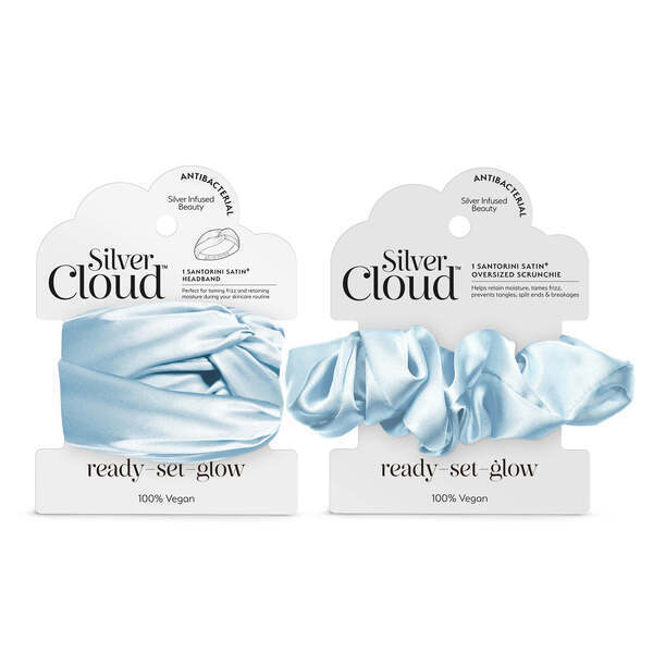 Silver Cloud satin headband and scrunchie set Santorini Blue, imported from the UK