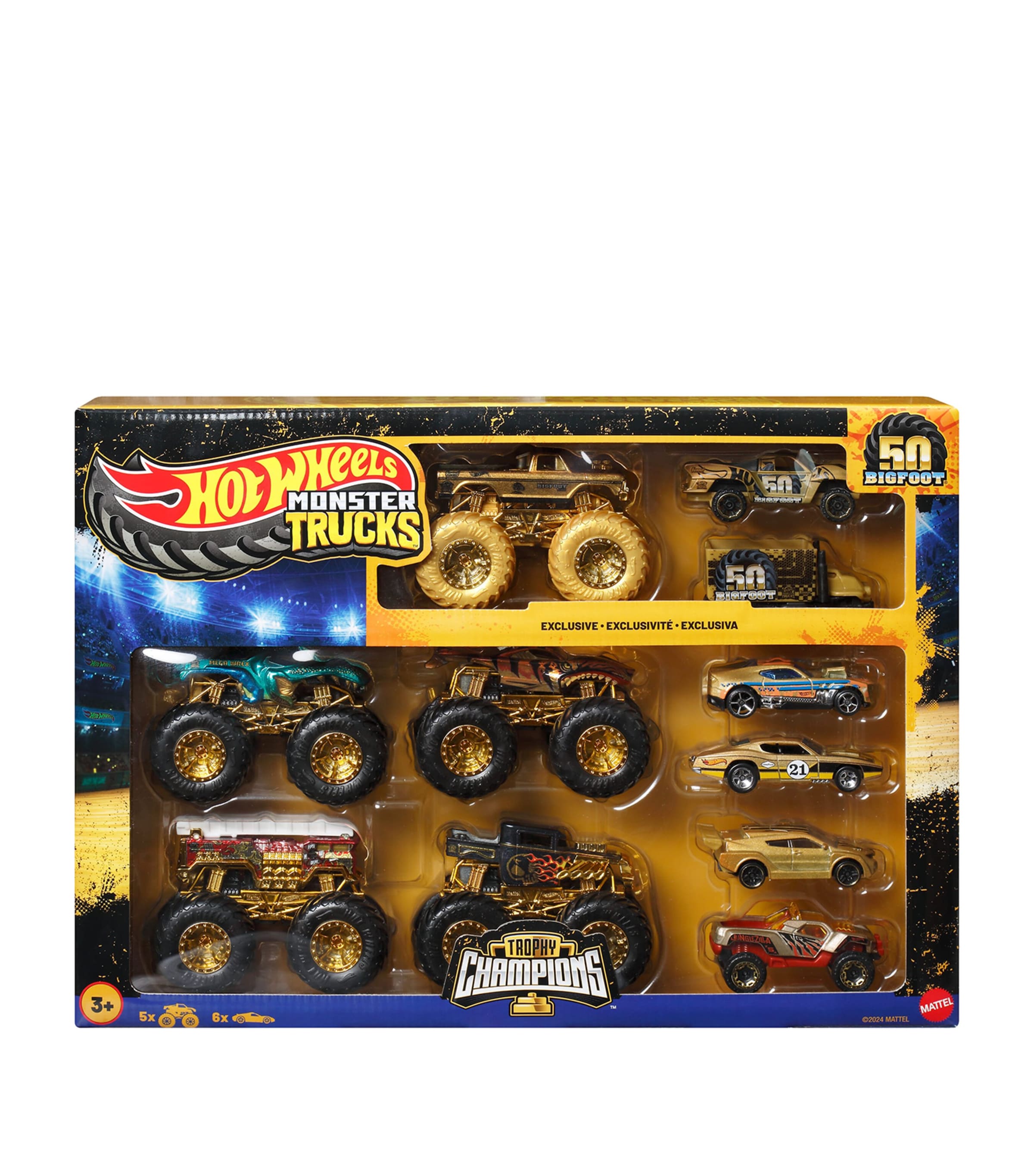 Hot Wheels monster trucks trophy champions collection with die-cast cars, UK version