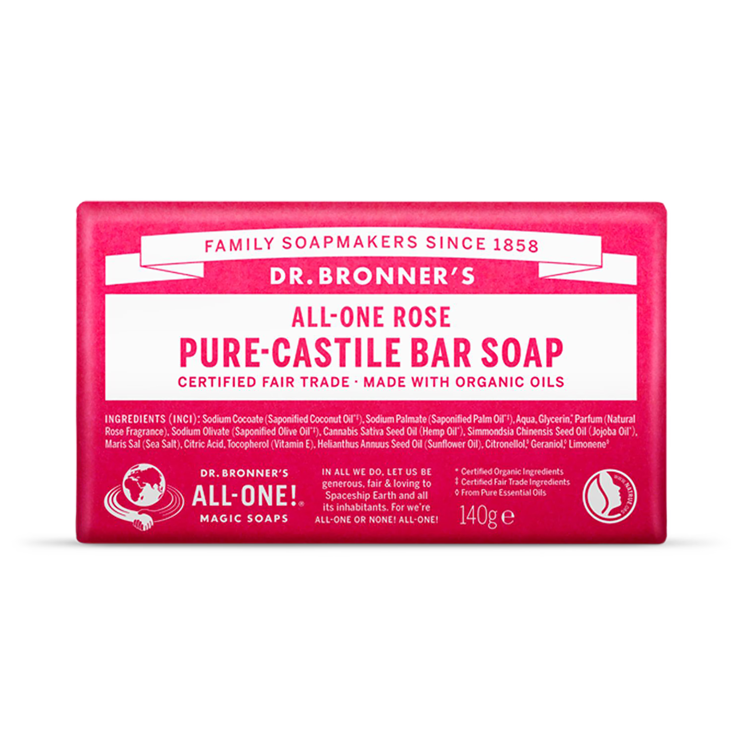 Dr Bronner All-One Rose Pure-Castile Bar Soap 140g
