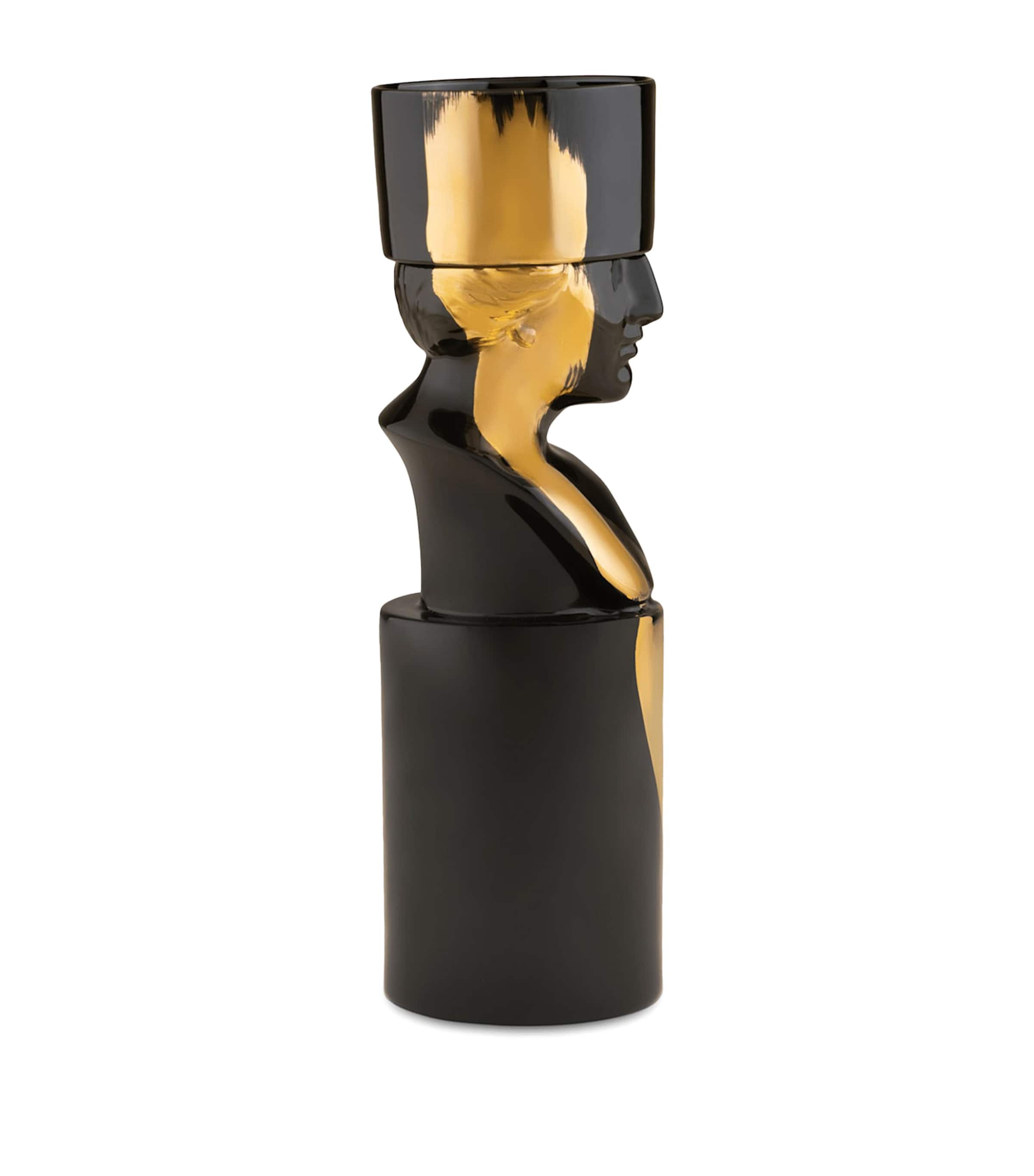 GINORI 1735 porcelain candle holder in black with gold-tone streak, UK version