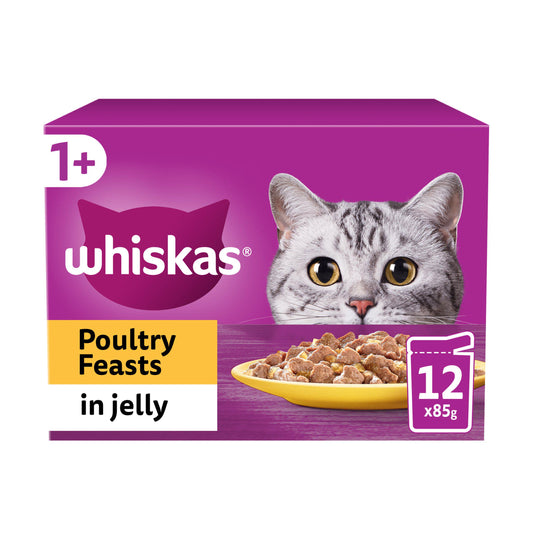 Whiskas 1+ Poultry Feasts Adult Wet Cat Food Pouches in Jelly 12x85g GOODS Sainsburys   