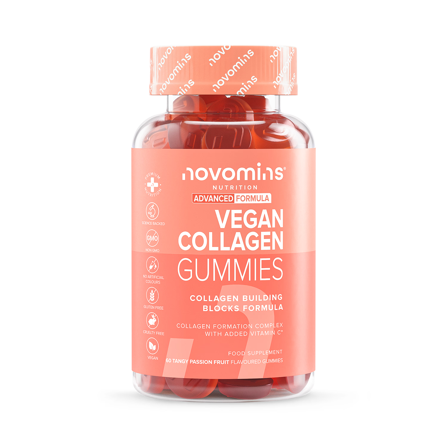 Novomins vegan collagen gummies passionfruit flavour 60 gummies (British brand)