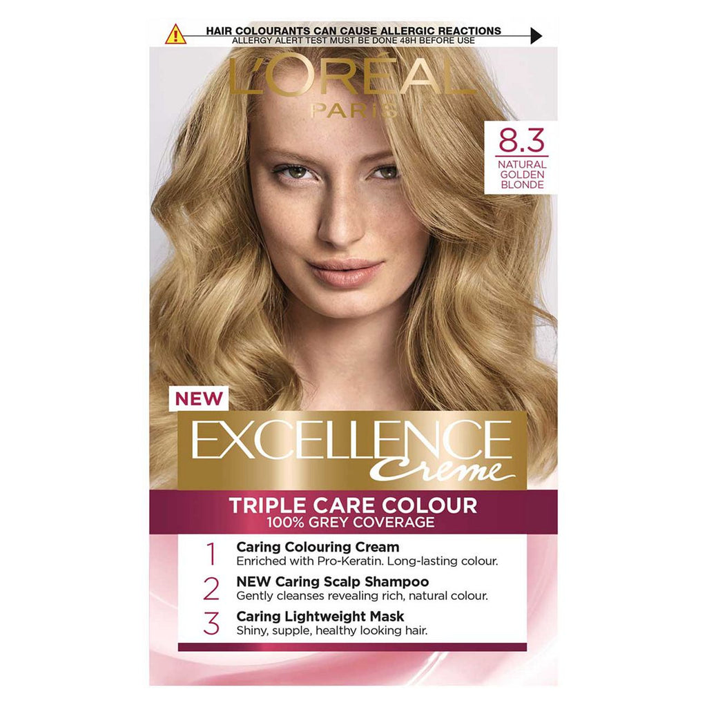 L’Oréal Paris Excellence Crème Permanent Hair Dye, Up to 100% Grey Hair Coverage, 8.3 Natural Golden Blonde