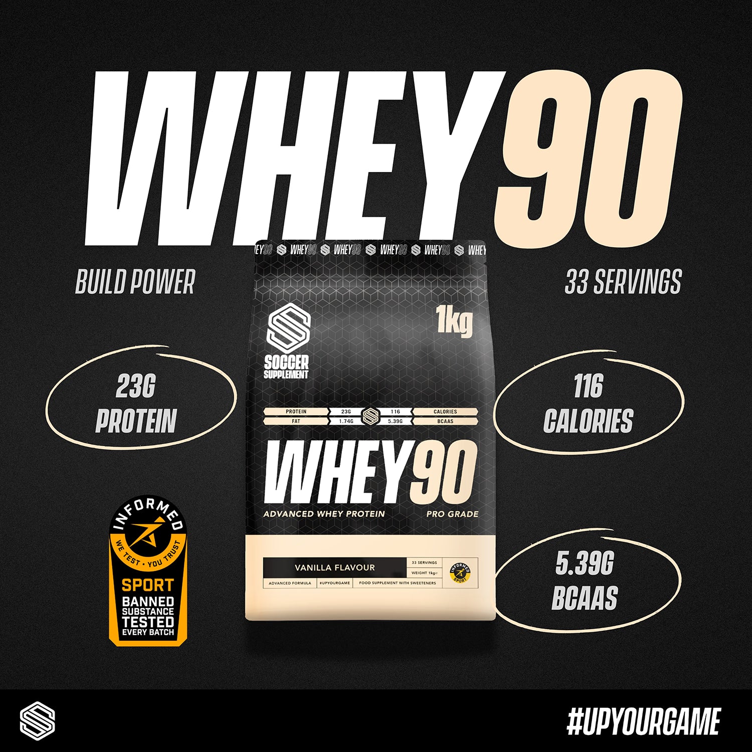Soccer Supplement vanilla whey protein powder 33 servings, imported from the UK