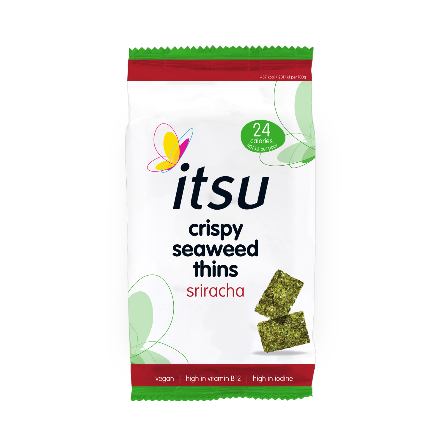 Itsu Sriracha Crispy Seaweed Thins 5g, imported from the UK