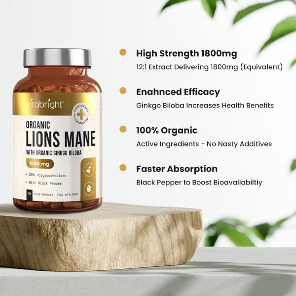 VitaBright organic Lion's Mane Mushroom Complex 120 capsules - British product
