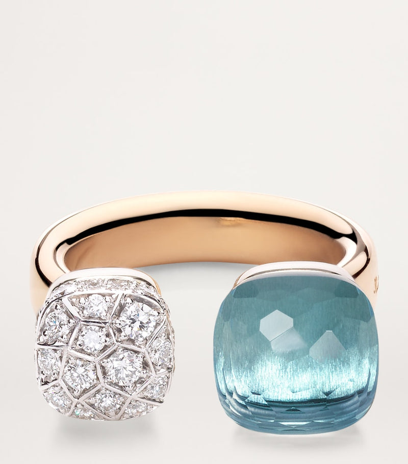 Pomellato mixed gold diamond topaz Nudo ring, imported from the UK