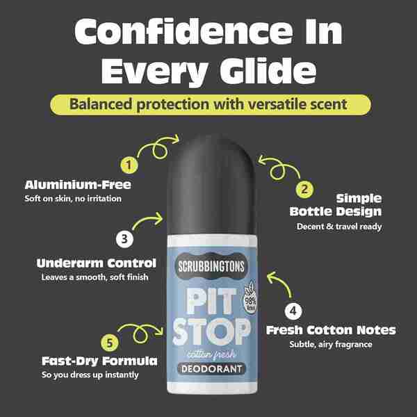 Scrubbingtons Pit Stop natural deodorant Cotton 75ml quad pack - British product