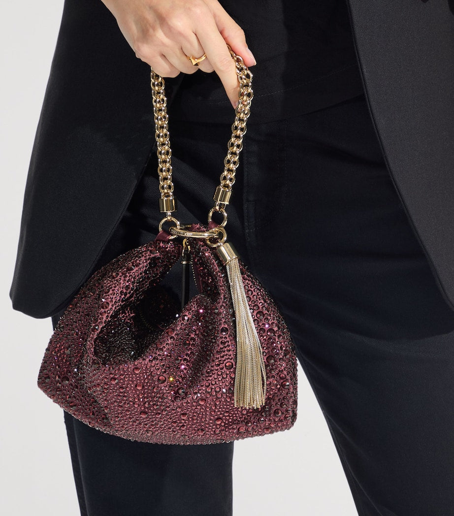 Jimmy Choo crystal-embellished satin clutch bag, imported from the UK