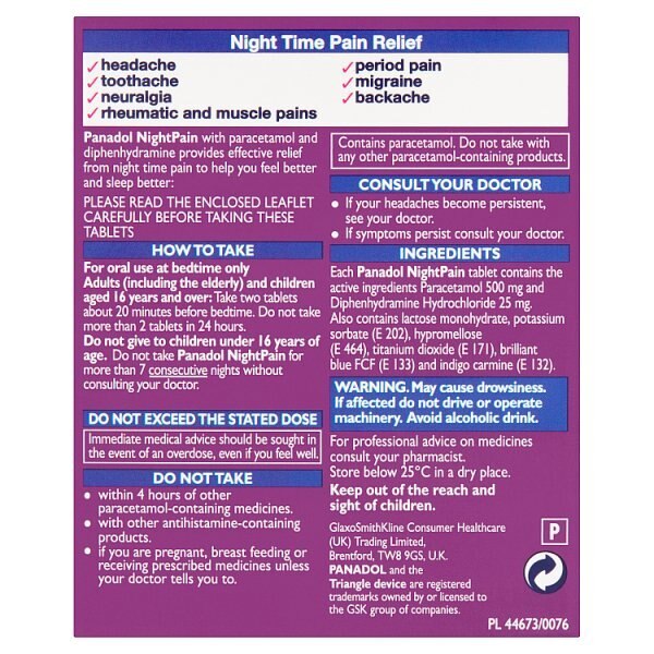 Panadol Night Paracetamol + Diphenhydramine Tablets 20s GOODS Superdrug   